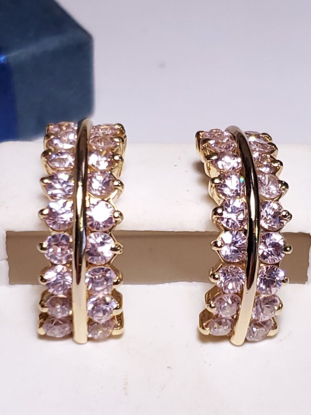 Estate 6.50ctw 2 Row Rd Pink CZ Sterling Silver/14Kt 1/2 Hoop Earrings #24826